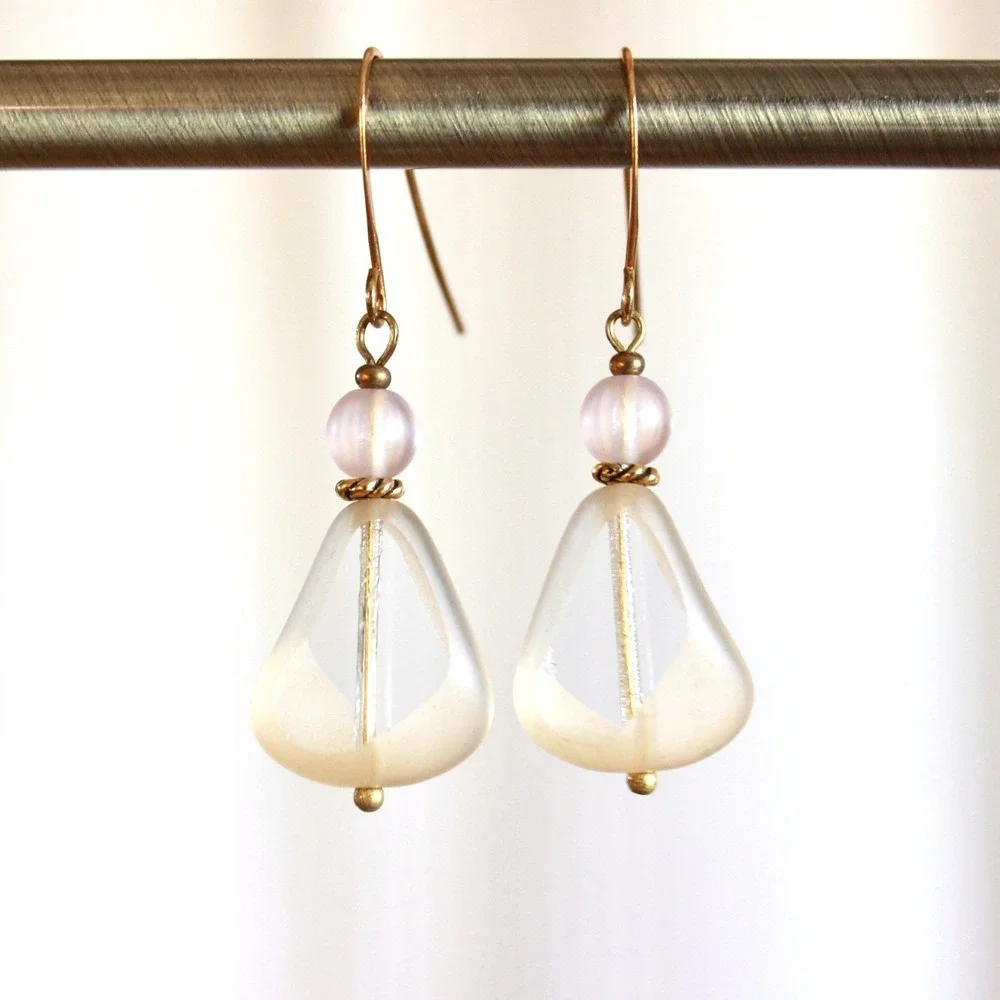 Frosted Glass Teardrop Drop Earrings Gold Tone‎ Lavender Bead Minimalist D7
